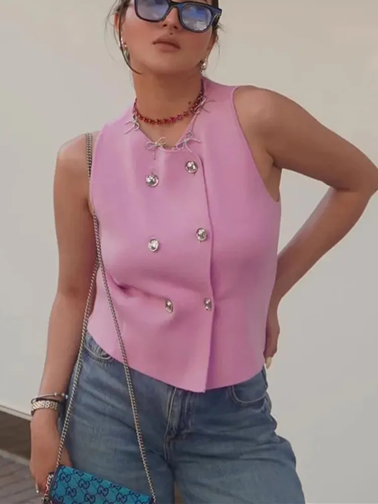 TRAF Knit Sleeveless Vest Woman Fashion Pink Knitted Cropped Female Double Breasted Summer Top In Short Coats 250226