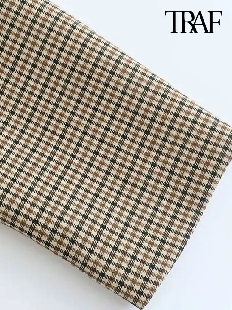 TRAF Women Fashion Double Breasted Plaid Blazer Coat Vintage Long Sleeve Flap Pockets Female Outerwear Chic Vestes Femme 250226