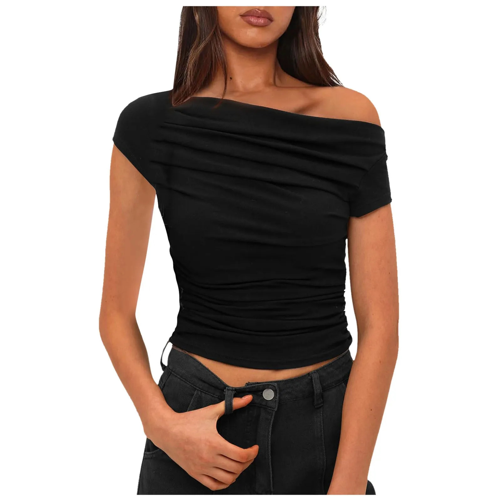 One Shoulder T Shirt Women Short Sleeve Basic Solid Color Tops Summer Crop Tops Slim Fit Clothes WomenS Glamorous Sexy Tops 250227