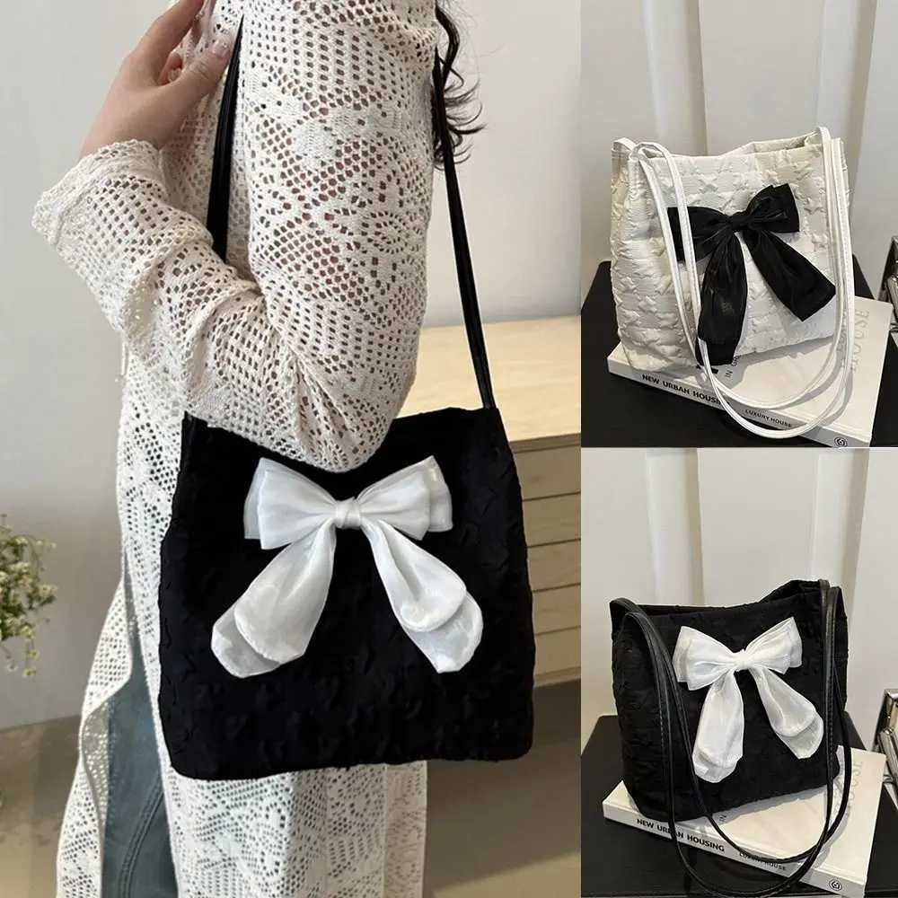 Bow Handbag Large Capacity Canvas Bag Korean Style Shoulder Bags Casual Tote Bags Cute Crossbody Bag Reusable Shopping BagXJ250227