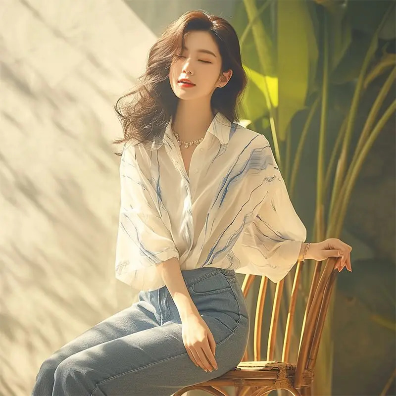 Simplicity Office Lady 3/4 sleeve Solid Color Printing Polo Collar Shirts Women Spring Summer Fashion All-match Striped Tops 250226