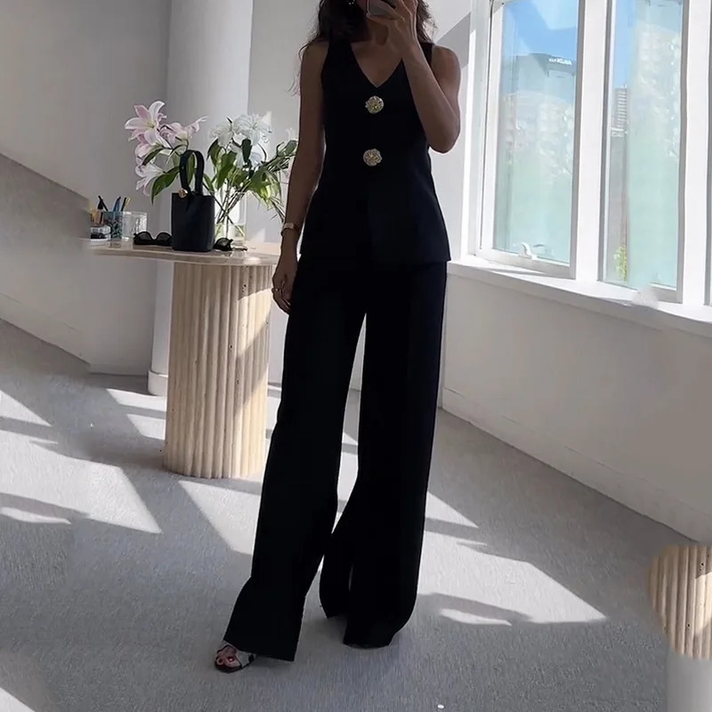 Two Piece Sets Women Pants Set V Neck Sleeveless Slim Elegant Tops Vest High Waist Wide Leg Long Casual Work Splice 250226