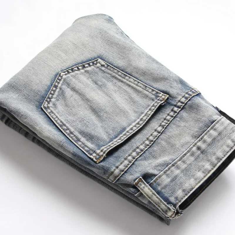 New Mens Nostalgic Ripped Jeans Embroidered Straight-leg Slim Fit Male Casual Colorblock Denim Trousers Mens Pants X250227