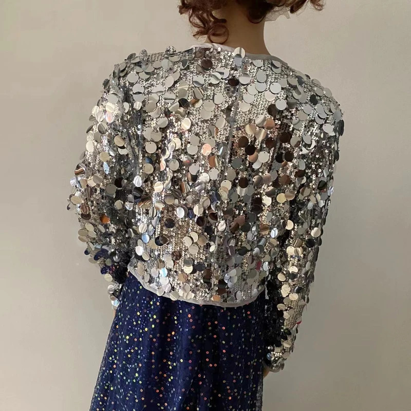 Spring Niche Fashion Heavy Industry Sequined Versatile Long Sleeve Jacket Womens Trendy Party Club Top 250227