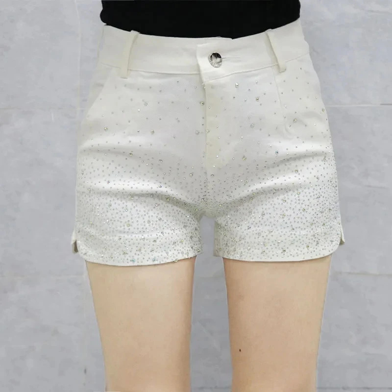Diamond Denim Shorts for Womens Streetwear Spring Autumn Elastic High Waist Slim Shorts Female Casual Short Pants 250226