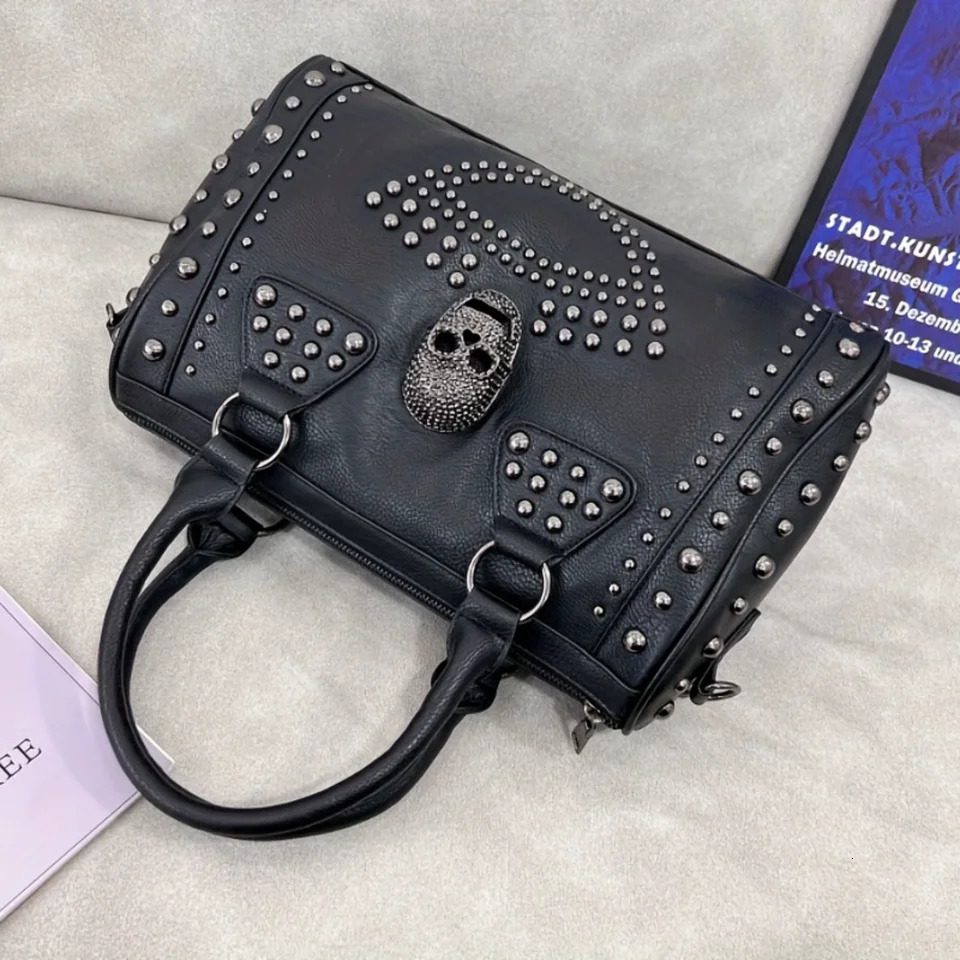 Ship from US Dark Enchantment Skull Tote Bag Steampunk Studs Boston Style Gothic Chic Top Handle Crossbody 250227FBB
