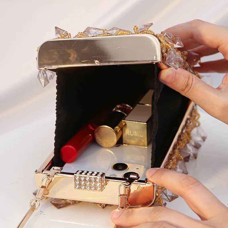 New Arrival Glass Rhinestone Party Gold Clutch Wallet Evening Bag Luxury Designer Womens Handbag Mini Square Tassel Bag T250227