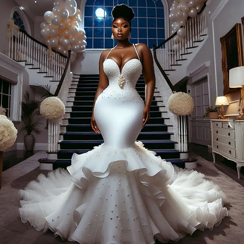 Plus Size African Wedding Dresses Mermaid Cap Sleeves Appliques Aso Ebi Women Bridal Wedding Gowns For Black Girls 057