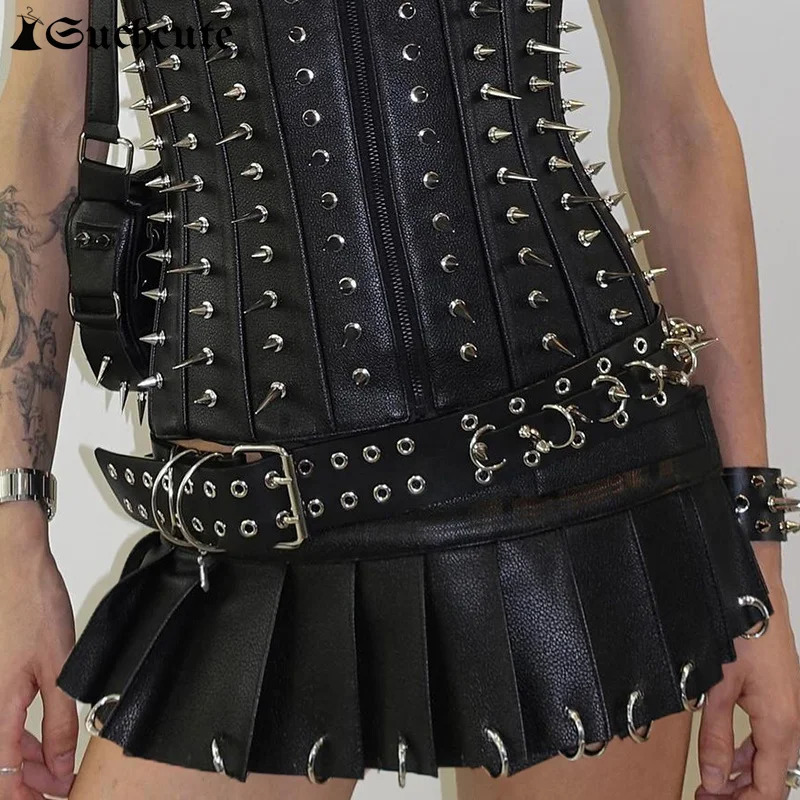SUCHCUTE Low Rise PU Leather Mini Pleated Skirts Sexy Metal Ring Black Skirt Women Punk Fashion Short Gothic Clubwear Outfits 250226