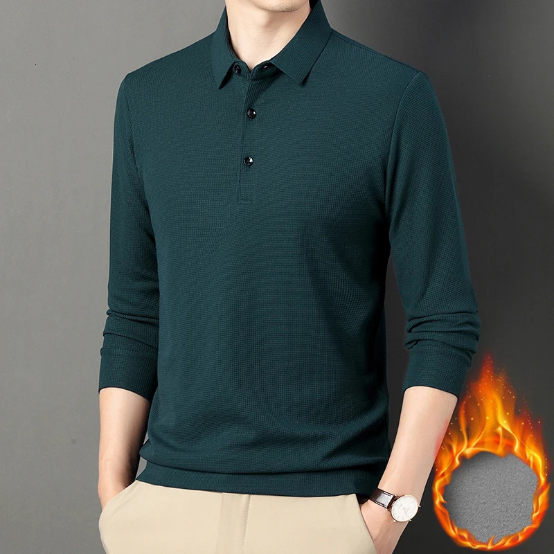 Fashion Winter Fleece Warm Men Business Wargoff Polo Shirts Long Sleeve Button Lapel Male Clothing Thick Casual T-Shirt Tops 250224