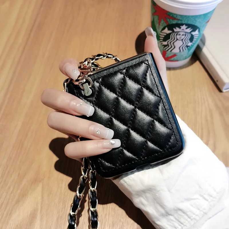 Fashion Crossbody Lanyard Rhombus Lambskin Leather Phone Case For Galaxy Z Flip 6 5 4 3 5G Long Chain Cover Z250227