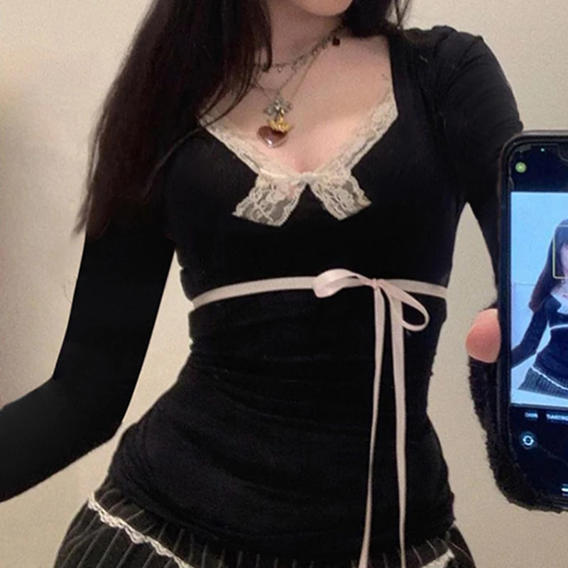 Ladies Fairy Grunge Top y2k Women Clothes Lace Trim V Neck Long Sleeve T Shirt with Bow Coquette Clothing 2000s Streetwear 250226