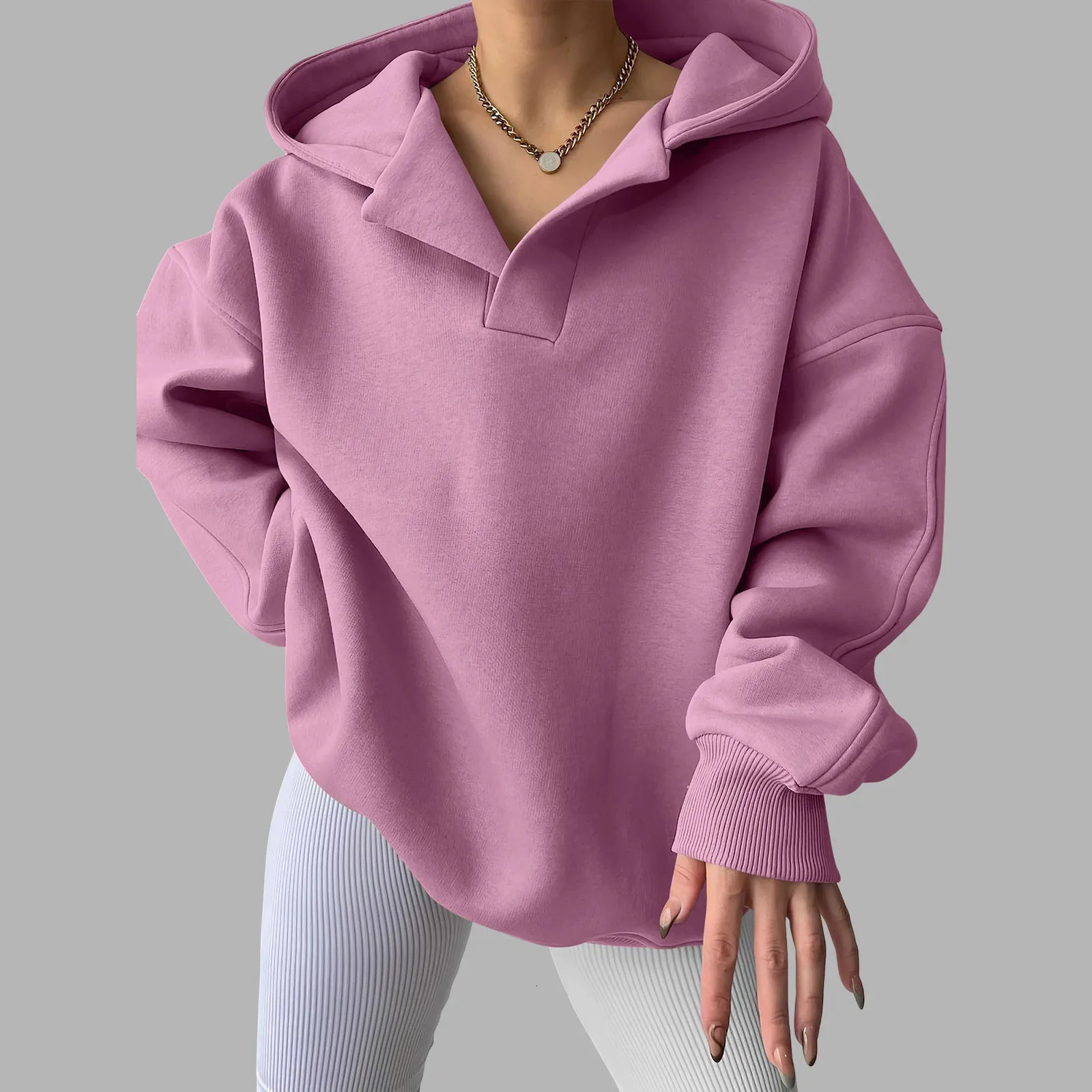 Womens V Neck Oversized Hoodie With Pocket Fashion Trend Streetwear Classic Style Fleece Lined Sweatshirt 250227