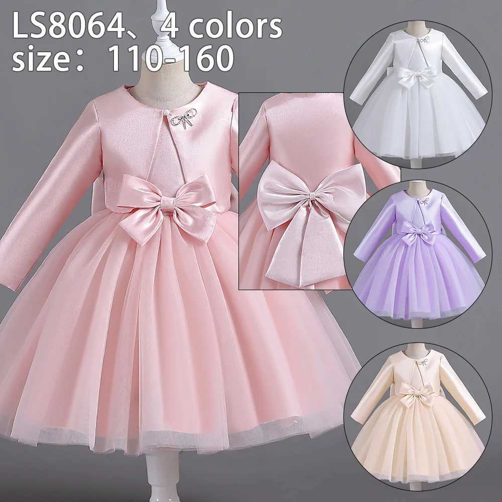 Girl's Dresses ELBCOS 4-14Y Girls Tie Crew Neck Long Sleeves Solid Color Fold Skirt Cardigan Coat Waist Bow Costumes Princess Party Dress Suit Y2