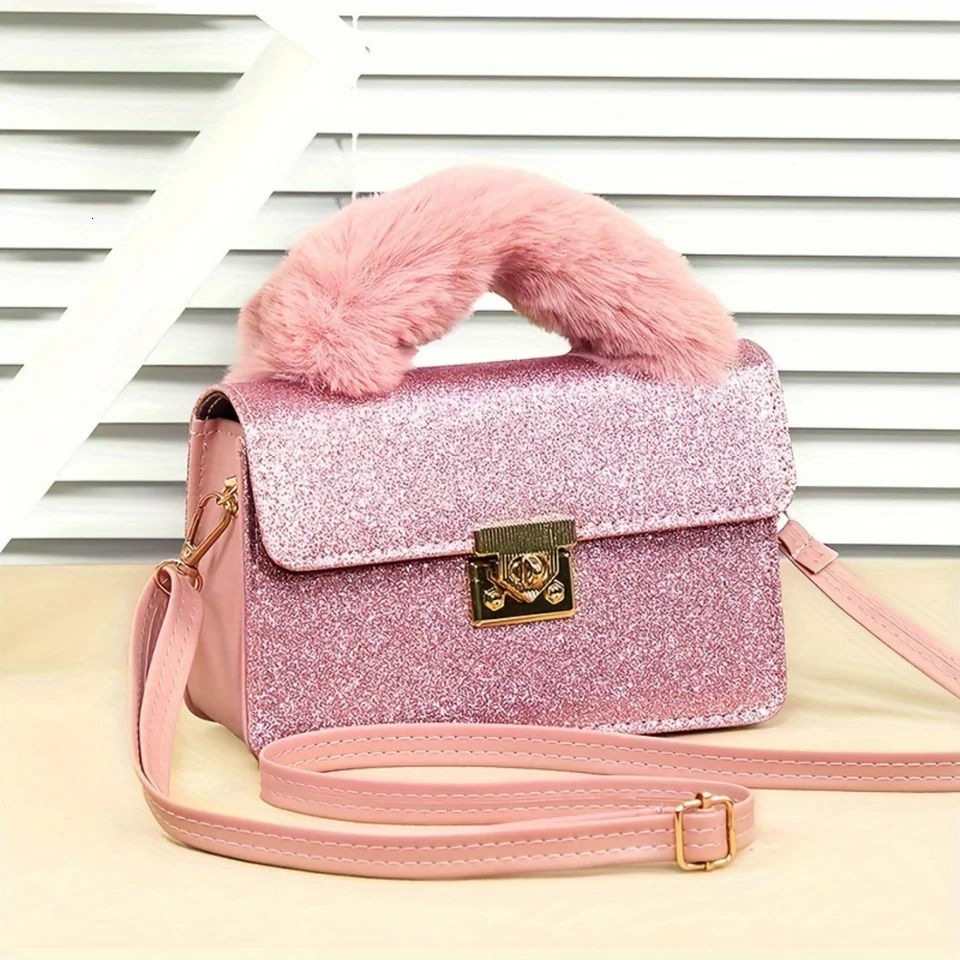 Ship from US Trendy Glitter Handbag Women Sequins Crossbody Bag Cute Plush Handle Purse Carnival Mardi Gras Music Festival 250227FBB