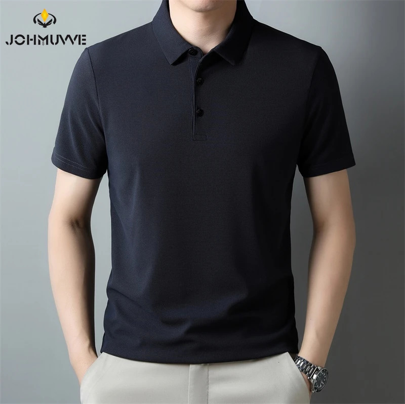 Mens Fashion Waffle Solid Short Sleeved Polo Shirt Summer Breathable Comfortable Top 250224