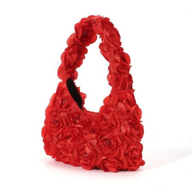 New Arrival Trendy 3D Rose Flower Sequined Satin Handbag Women Elegant Wedding Banquet Prom Party Clutch Purse Lightweight Small Evening Bag T250227