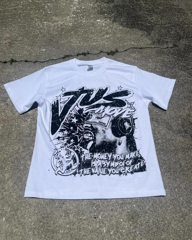 Retro trendy rock letter pattern print oversized short sleeved Tshirt for mens fashion Harajuku loose round neck shirt 250226