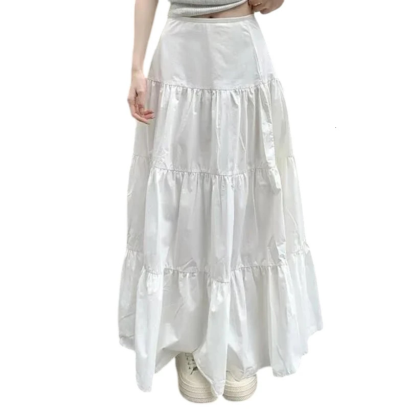 Y2k Clothes Women Skirts Vintage High Waist Elastic Patchwork White Chic Long Cake A-line Skirt Streetwear 250226