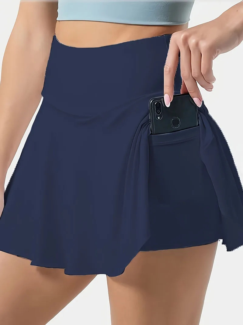 Womens Solid Color High Waisted Tennis Pleated Skirts Inner Pocket Quick Drying Sports Short Running Fitness Skirt 250227
