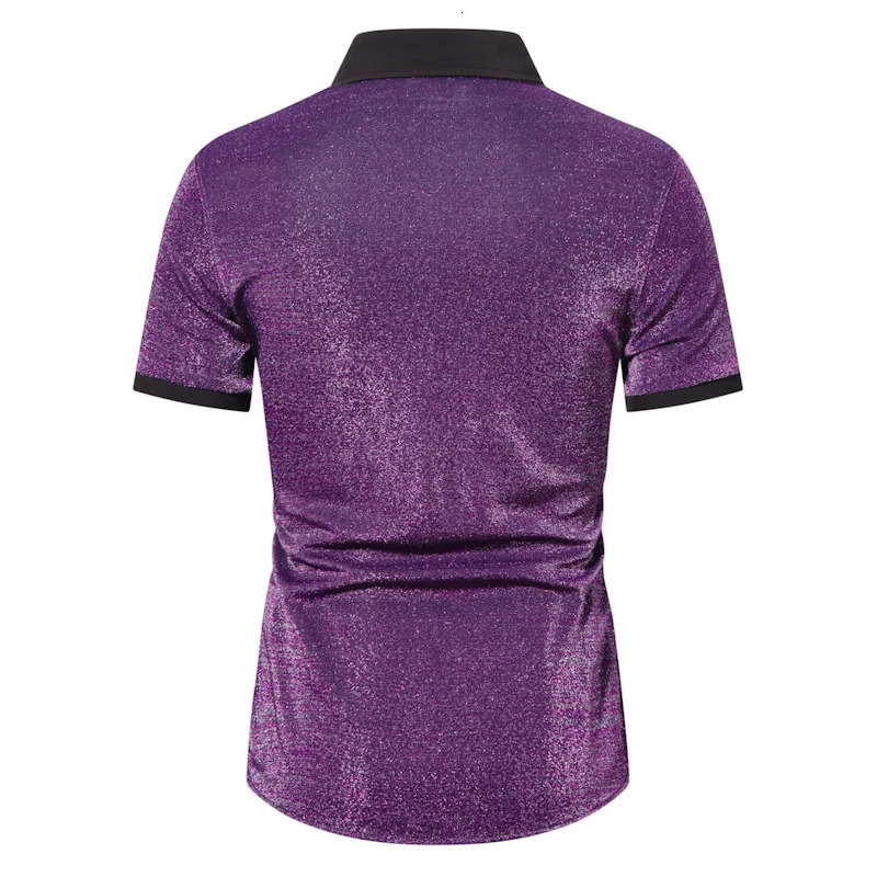 #4628 Gold Purple Silver Shinny Short Sleeve Shirt Men Split Joint Streetwear Mens Shirts Regular Fit Party Night Club Hip Hop 250224