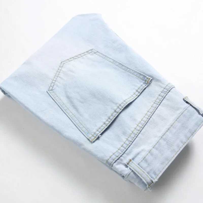 Mens Knee-length Ripped Fashion Jeans Light Blue New Trendy Casual Slim Straight Comfortable Denim Trousers Streetwear Male X250227