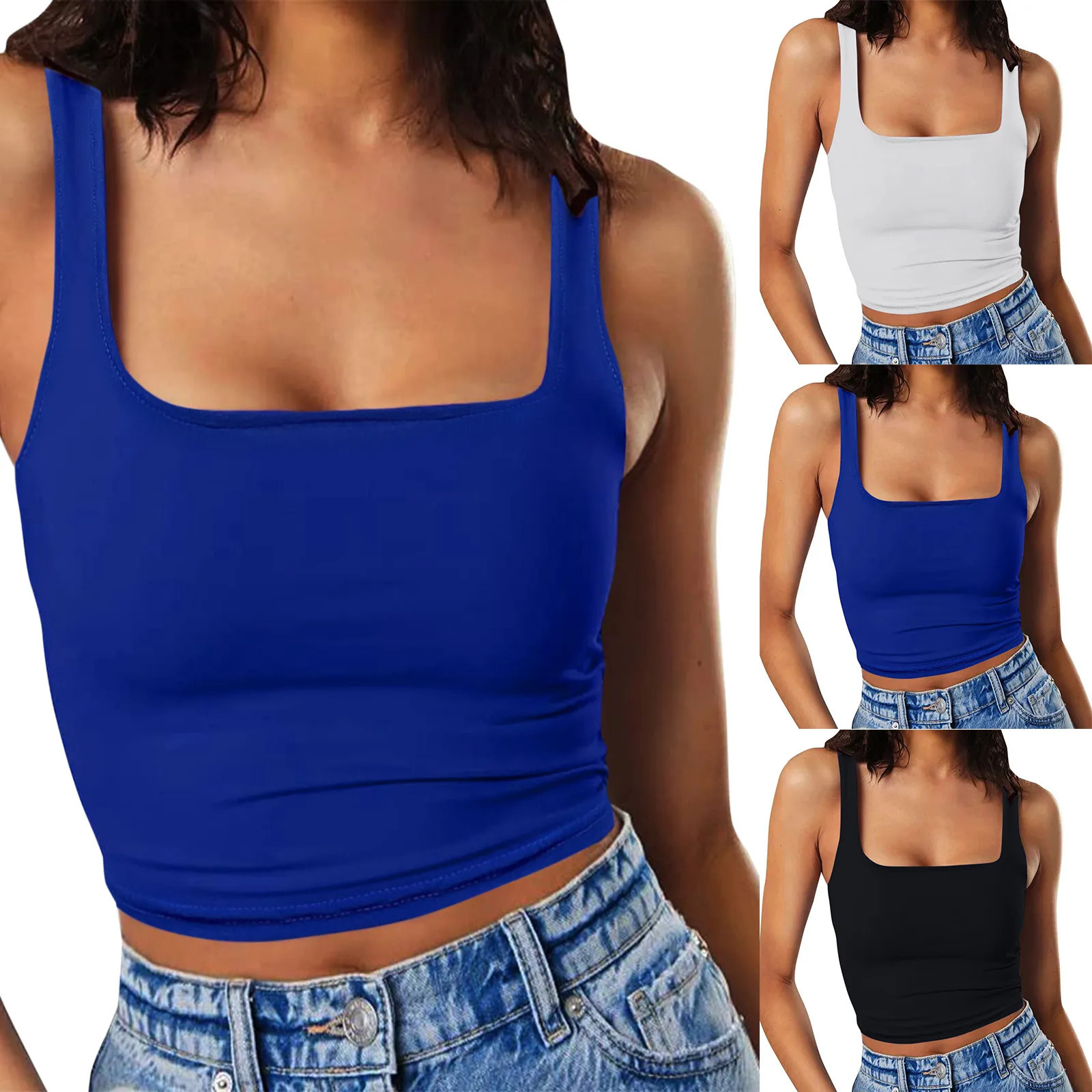 Women Tank Strappy Double Layer Sleeveless Casual O Neck Workout Fitness Slim Crop 250224Z