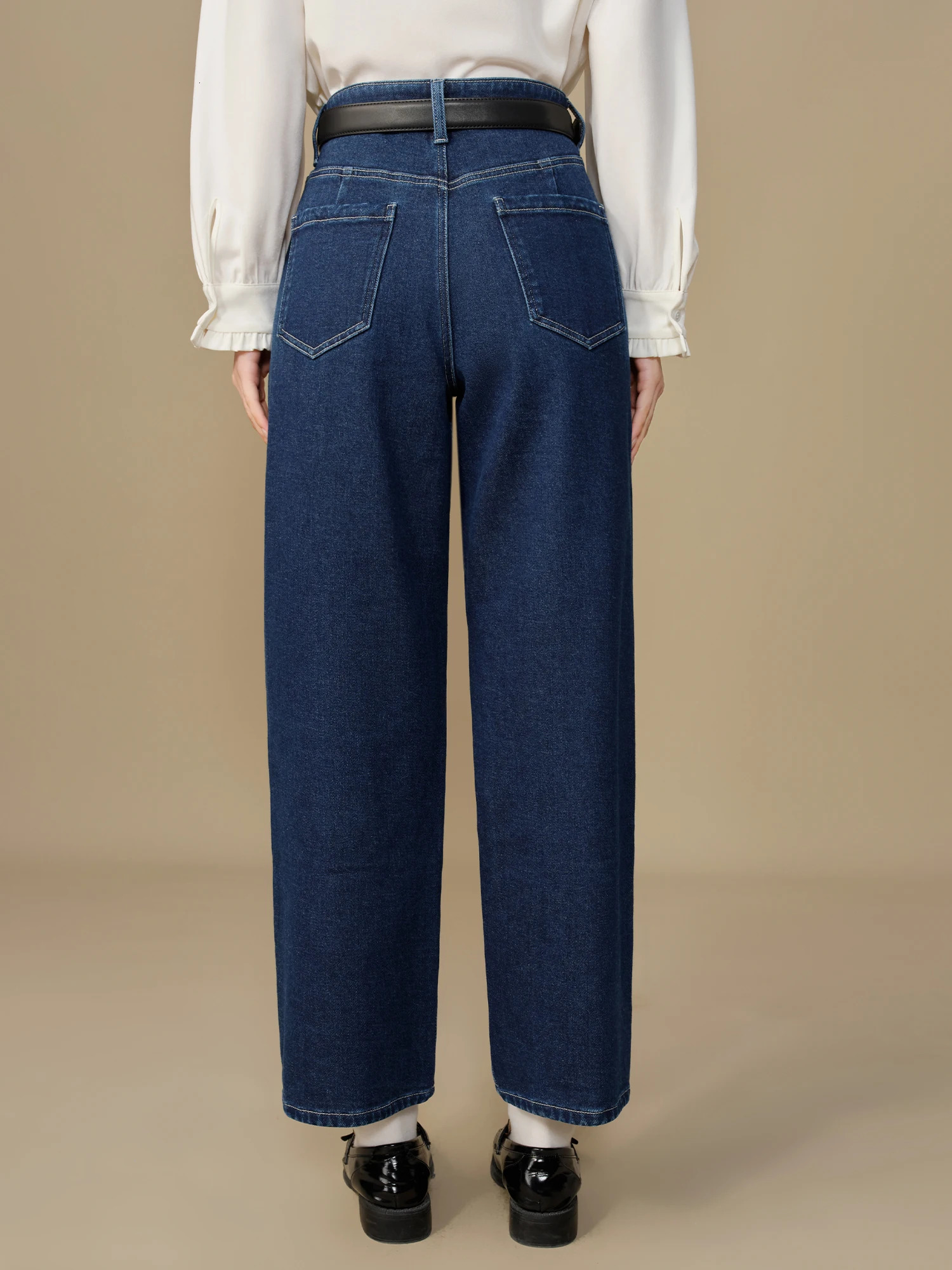 DUSHU womens winter jeans dark denim blue cut straight thick pants cotton elastic light wool 24DS84169 250226