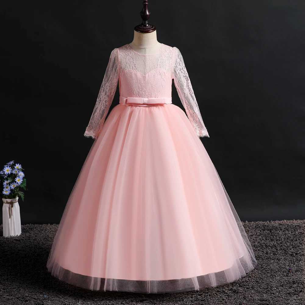 Girl's Dresses Spring New Ankle Length Lace Long Sleeve Ruffle Long Dress Piano Party Performance Costume Little Girl Princess Dress Y250227NC0S