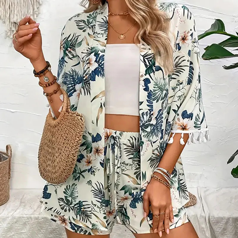 Two Piece Set For Women Outfits Open-front Cardigan Smock Flower Printed Beach Shorts Summer Suits Female Clothing Beachwear 250226