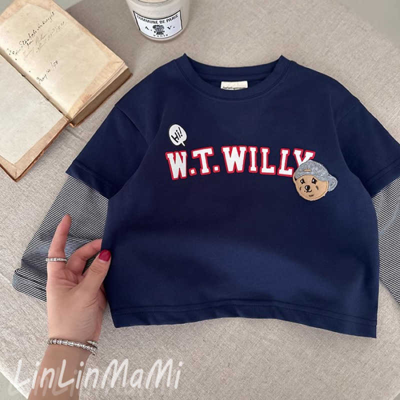 T-shirts Childrens fake two-piece T-shirt spring and autumn style small childrens clothing top cotton baby striped bottom shirt long sleeved boys styl