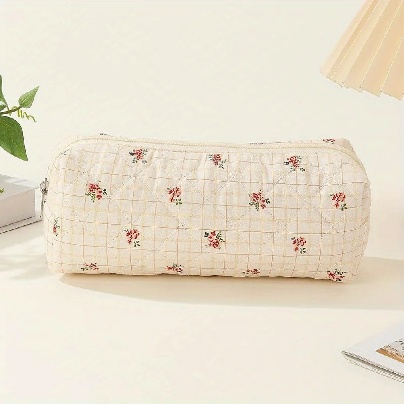 Ship from US 3Pcs Cotton Quilted Makeup Bag Coquette Large Travel Cosmetic Aesthetic Cute Kawaii Floral Toiletry 250227FBB