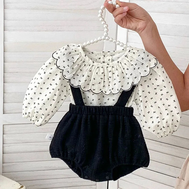 Spring born Baby Girl Clothes Suit Long Sleeved Cotton Printed ShirtSleeveless Jumpsuit Infant Baby Clothing Set 250227
