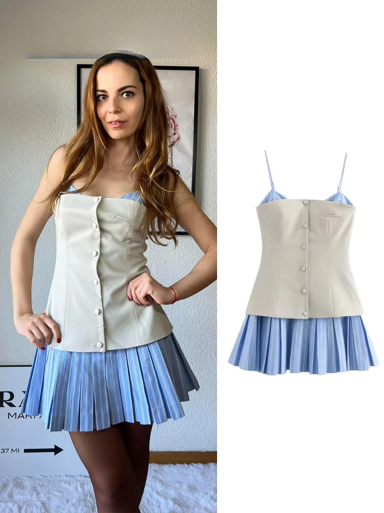 Woman Single-Breasted Pleated SEXY DRESSES FOR WOMEN Women Summer Stripe Splicing White Sexy Sleeveless Party Mini Dress