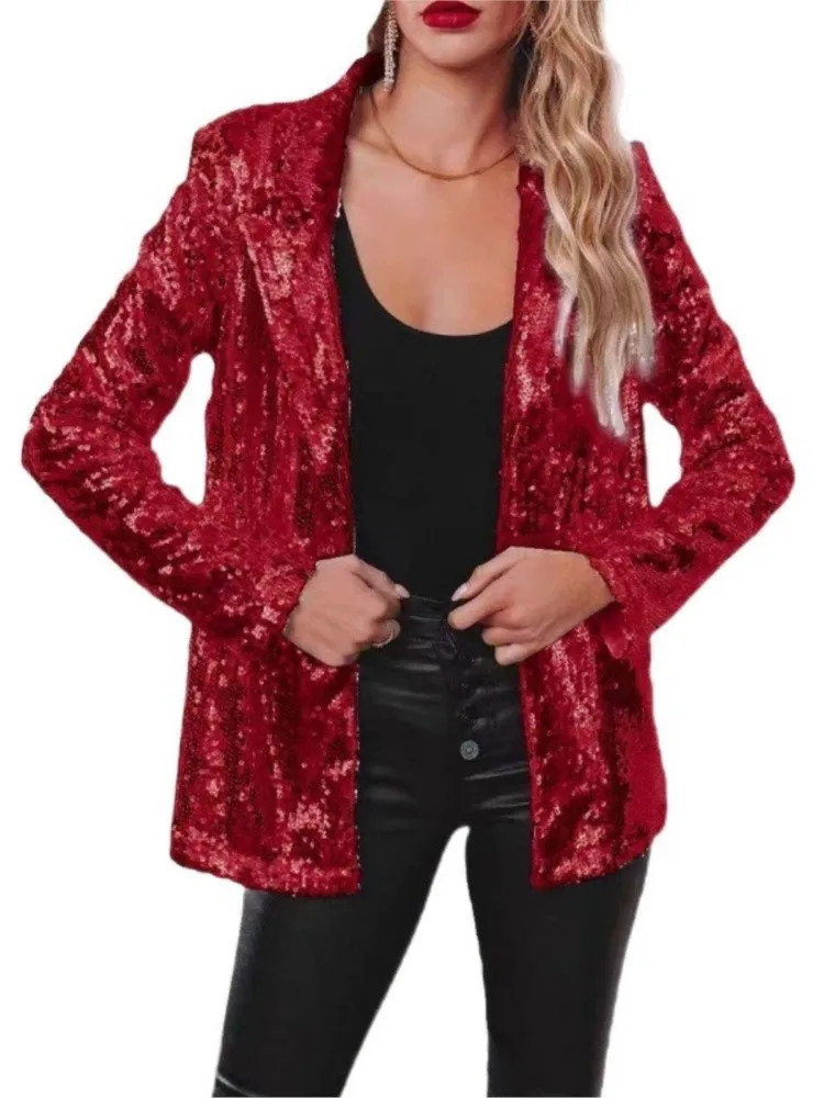Fashion Womens Sequins Jacket Casual Long Sleeve Glitter Party Lapel Blazers Coat Vintage Club Wear Jackets Outerwear 250227