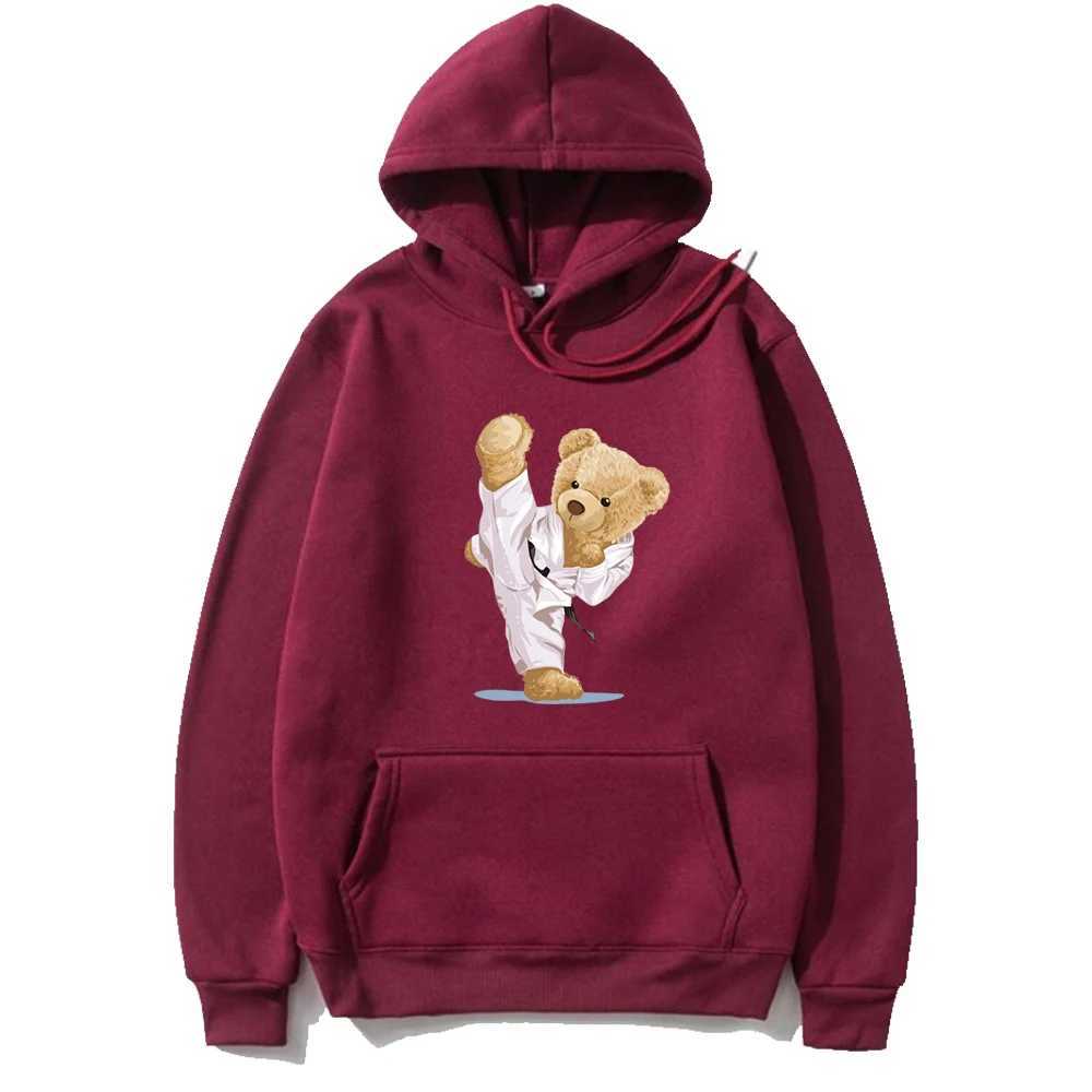 Bear Print Hoodie Wine Red Casual Long Slve Hoodie Mens Outdoor Sportswear L25101834RQ