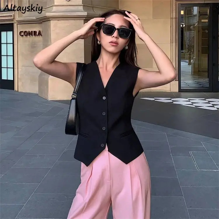 Simple Vests Women Summer Sleeveless Suit Coats Temper Outwear n Tender Breathable Korean Style Streetwear 250226