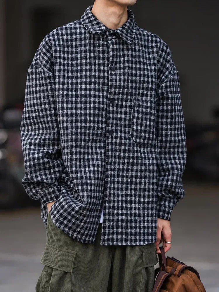 Spring Casual Shirt Men Vintage Check Baggy Long Sleeves Preppy Rollneck Cargo Tops Japanese INS Oversize Jacket Unisex 250226
