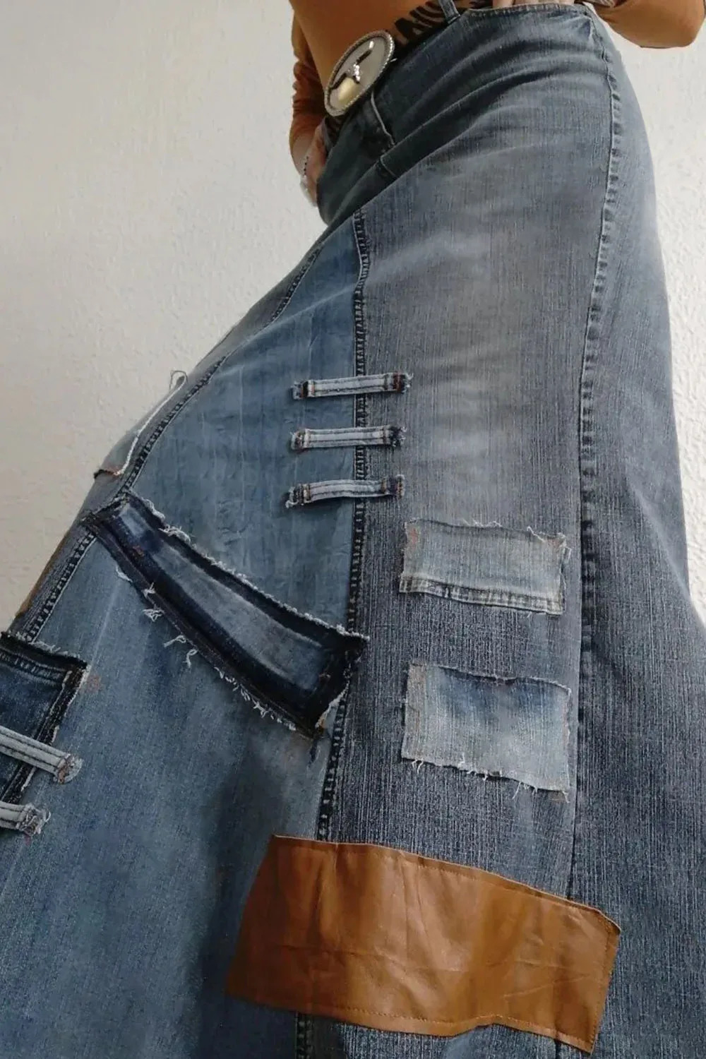 2025 Womens Plus Size Daily Vintage Blue Contrast Patch Denim Long Skirts 250226