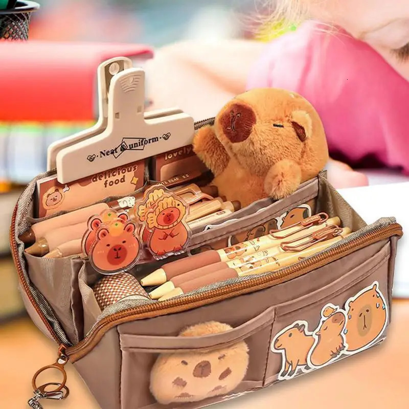 Ship from US Cute Pencil Case Pen Bag MultiLayer Pouch Large Capacity Capybara Box Holder For Cosmetic Erasers 250227FBB