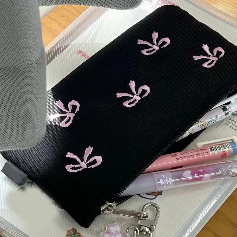 Ship from US Canvas Cute Bow Embroidered Bag Bowknot Pencil Case Cosmetics Lovely Pencilcase Large Capacity School Supplie 250227FBB