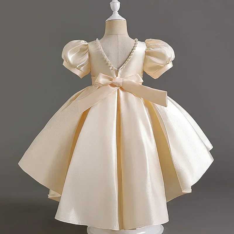 Girl's Dresses Fashion Solid Color Girl Evening Gown Short Sleeve Bow Kids Dresses for Girls Summer Girls Party Dress 1-10 Years Y2502271HRY