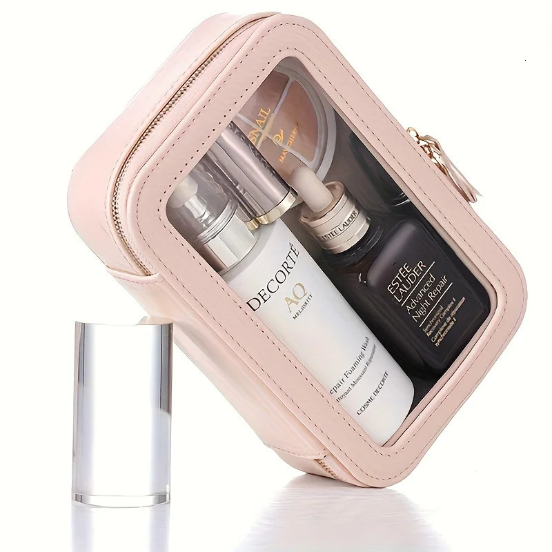 Ship from US UnisexAdult Waterproof PU Cosmetic Bag with Clear Window and Double Zippers Durable Saffiano Leather Travel Toiletry for W 250227FBB