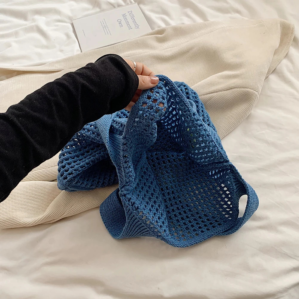 Ship from US Women Knitted Tote Bag Crochet Shoulder with Flower Decor Hollow Out Handbag Casual Beach Outdoor Travel 250227FBB