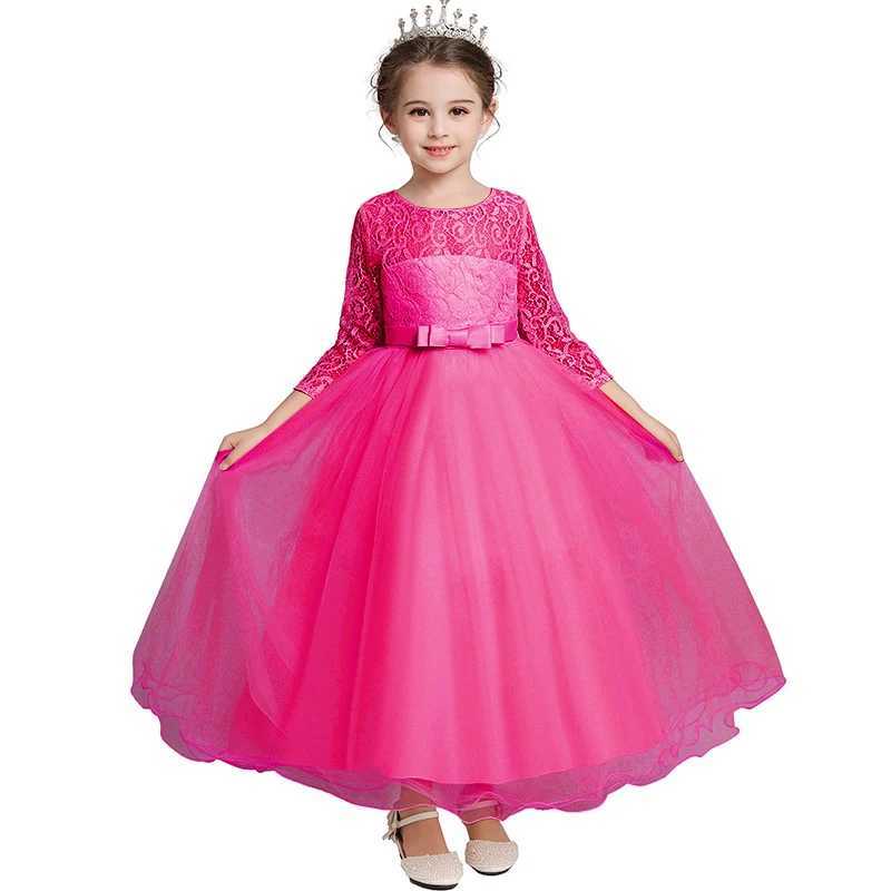 Girl's Dresses Sequins Flower Childrens Wedding Party Long Dress Elegant Girl Babys Birthday Party Feast Lace Embroidery Long Sleeve Dress Y25022