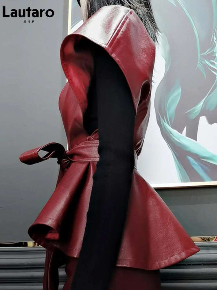 Lautaro Spring Designer Faux Leather Jacket Sashes Red Wine Cape Shawls For Women Gothic Cloak Runway Fashion 2022