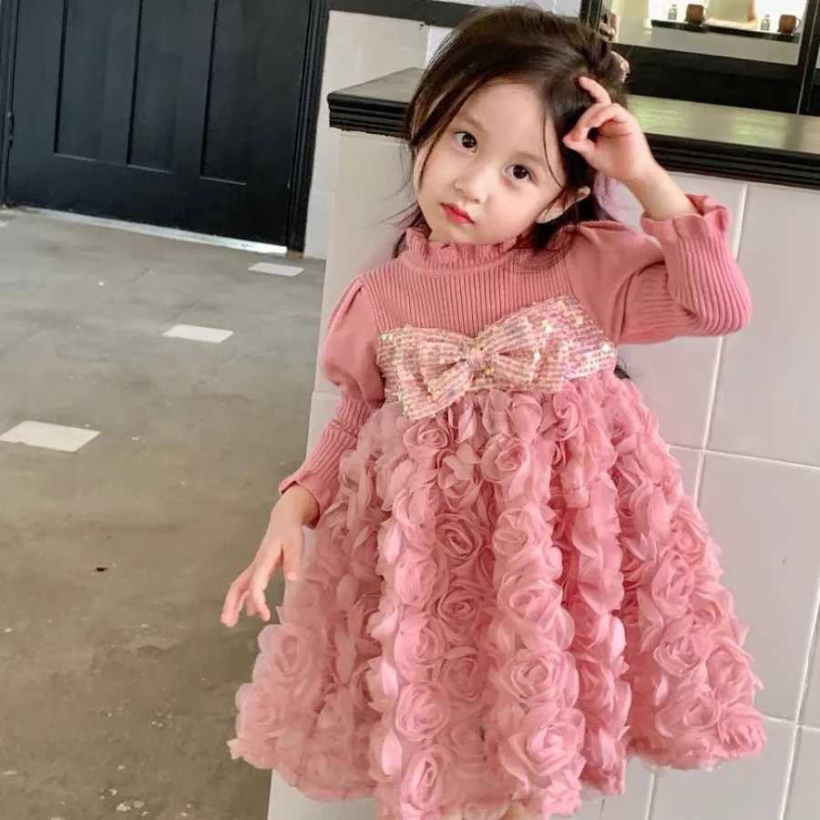 Girl's Dresses Girls Knit Cotton Sweater Dress Flowers Lace A-line Kids Wear Vestido Fashion Clothing Dust Pink Causal Fall Spring Outwear Y25022
