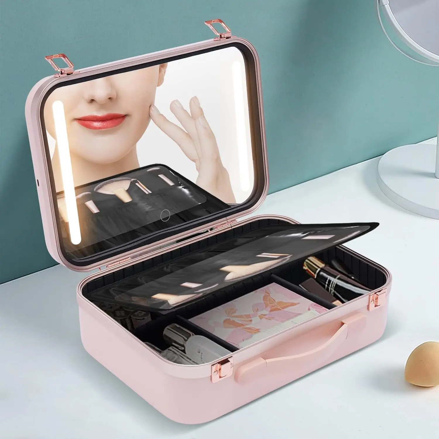 Ship from US 134 Inch Travel Makeup Case with Large Lighted Mirror Partitionable Cosmetic Bag Waterproof Portable Organizer Pink 250227FBB