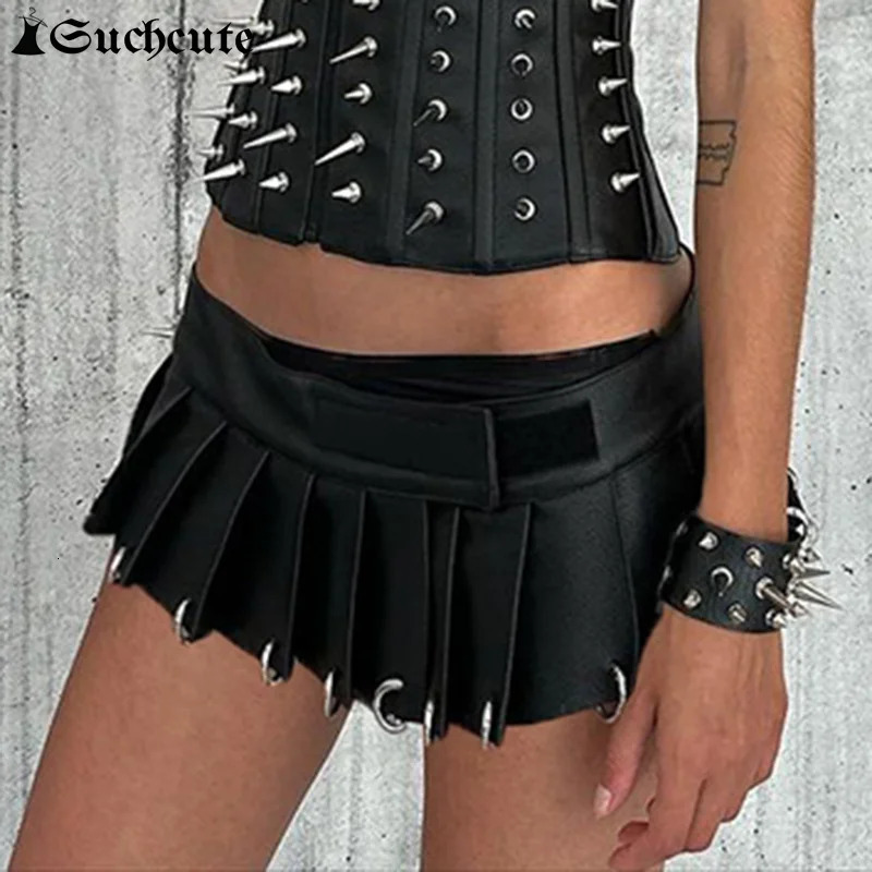 SUCHCUTE Low Rise PU Leather Mini Pleated Skirts Sexy Metal Ring Black Skirt Women Punk Fashion Short Gothic Clubwear Outfits 250226