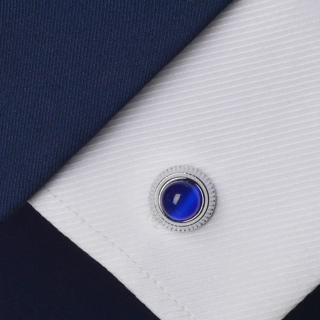 NVT Fashion Blue Opal Cufflinks for Mens French Shirt Round Stainless Steel Cuff Links Wedding Gift Jewelry Drop 250221